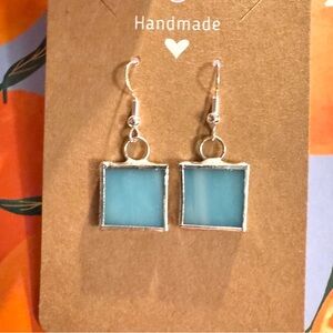 Handcrafted Light Blue Stained Glass Square Earrings